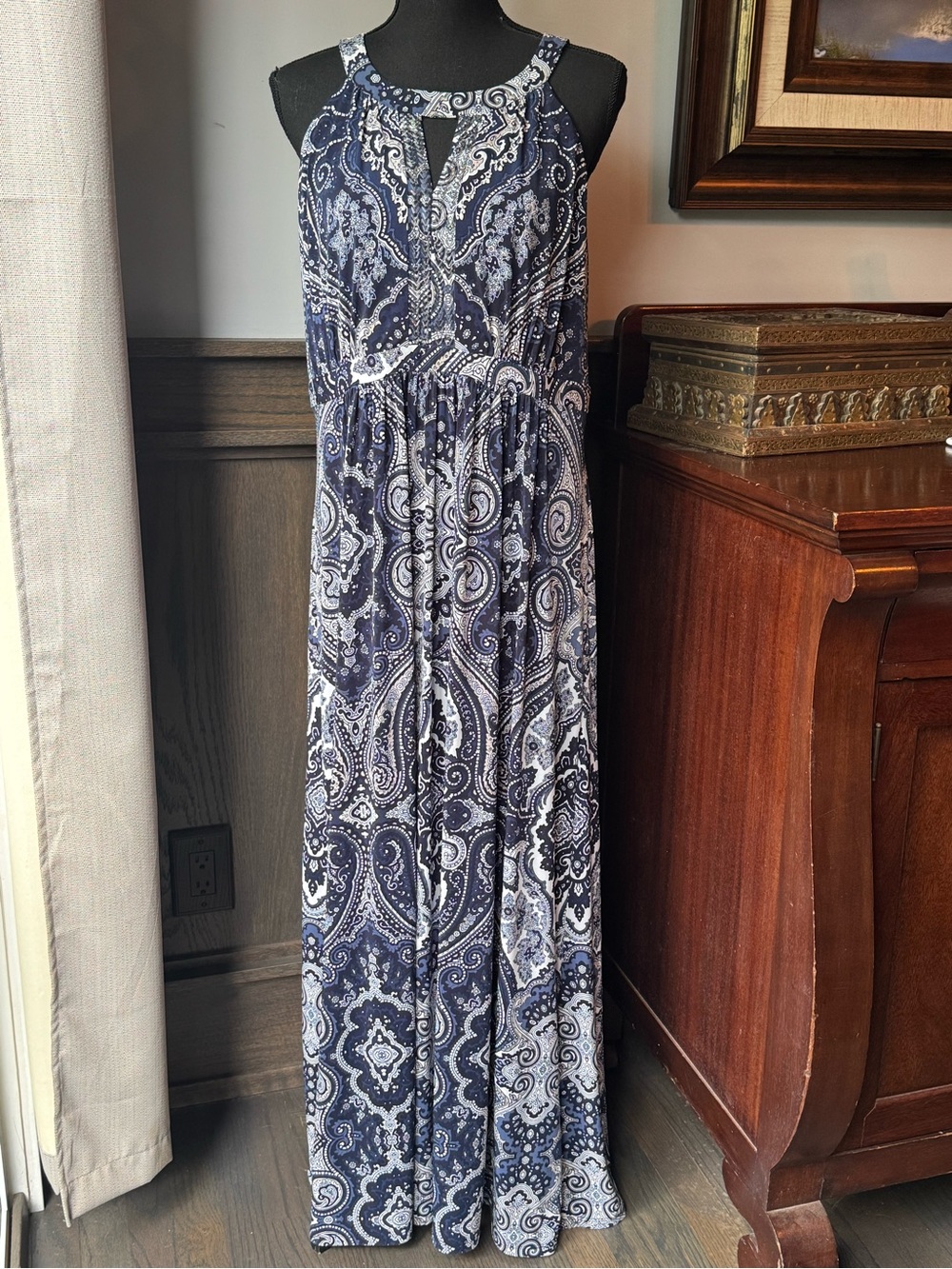 INC International Concepts Navy and White Paisley Keyhole Maxi Dress 1X EUC